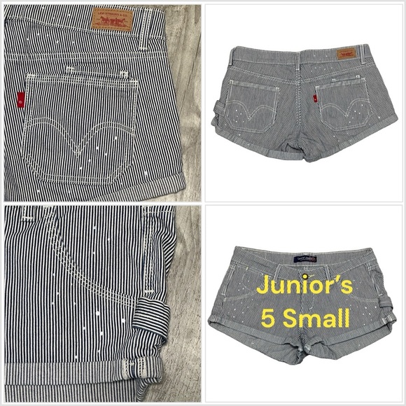 Junior’s Levi Levi’s 5 Small Shorts Jeans Rolled Stretch Stripes Navy Railroad - Picture 1 of 8